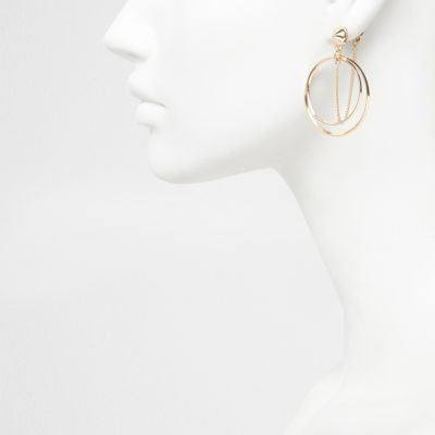 Gold tone double hoop chain earrings